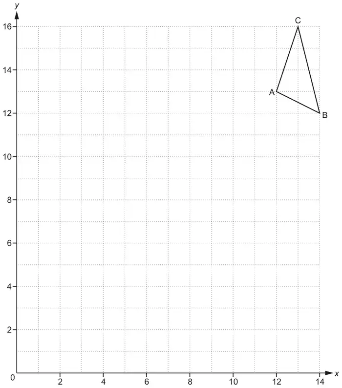 Grid with x from 0 to 14 and y from 0 to 16 showing triangle ABC with A at (12, 13), B at (14, 12) and C at (13, 16)