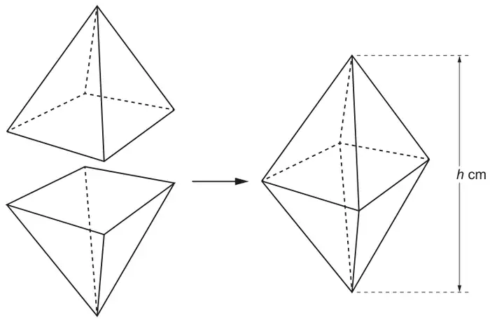 Two square based pyramids, one upside down, joined at their square bases to form an octahedron of height h cm