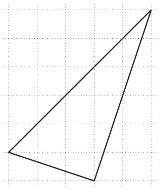 Square grid with a triangle drawn on it with no arrows or labels: from a starting point, a side going 3 right and 1 down, then a side going 2 right and 6 up, and a third side joining the starting point to the end point