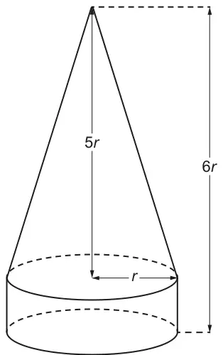 A cone of height 5r on top of a cylinder of radius r; the total height of the decoration is 6r