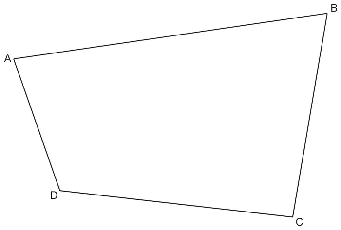 Scale drawing of quadrilateral park ABCD with B at the top right, A at the left, D at the bottom left and C at the bottom right