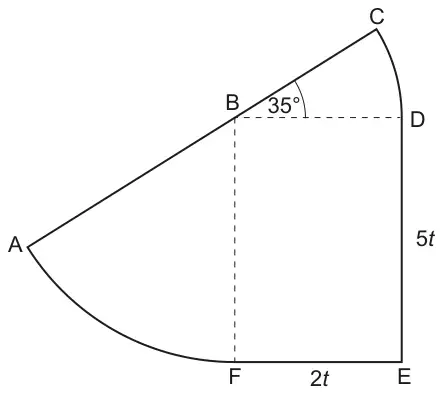 Shape made of rectangle BDEF with DE = 5t and EF = 2t, a sector BCD with centre B and angle CBD = 35 degrees, and a sector BAF with centre B; A, B and C lie on a straight line