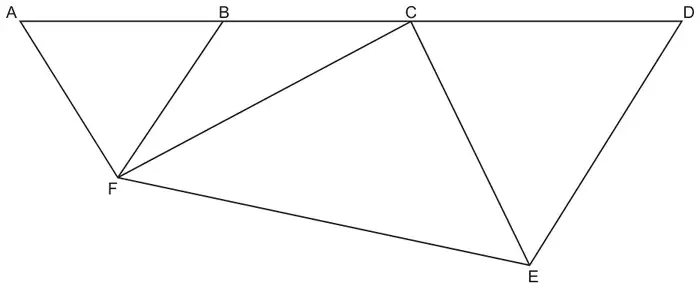 Points A, B, C and D on a horizontal straight line; F below between A and B, E below between C and D; lines AF, BF, CF, CE, DE and FE are drawn, forming triangles ABF, BCF, CEF and CDE