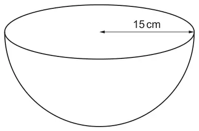 A hemispherical bowl with radius 15 cm marked across the top
