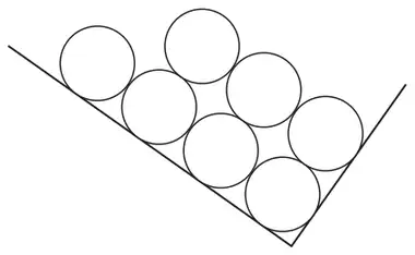 A corner of a rectangle (tilted) with identical circles packed in rows inside it; each circle touches its neighbours in the same row and the circle directly above or below it, and the circles next to the sides touch the sides