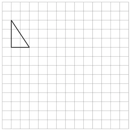 A square grid 14 squares by 14 squares with a right-angled triangle drawn near the top left: vertical side 3 squares, horizontal side 2 squares