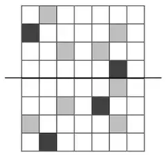 Answer grid: the given squares in light grey and the four answer squares in dark grey at row 2 col 1, row 4 col 6, row 6 col 5 and row 8 col 2