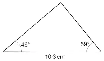 A triangle with base 10.3 cm, the angle at the left end of the base 46 degrees and the angle at the right end 59 degrees
