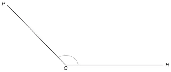 Angle PQR: line QR horizontal to the right from Q, line QP going up to the left, an obtuse angle marked at Q