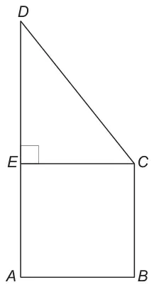 Square ABCE with A bottom left, B bottom right, C top right, E top left. Triangle CDE sits on top, with D vertically above E and a right angle at E