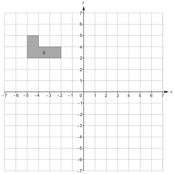 Axes from -7 to 7 on a square grid. Shape S is an L-shape with vertices (-5,3), (-2,3), (-2,4), (-4,4), (-4,5), (-5,5)
