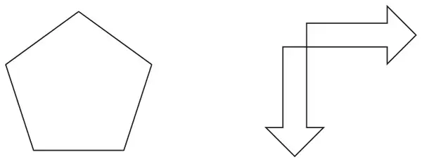 A regular pentagon, and an L-shaped double arrow with one arrow pointing right and one pointing down