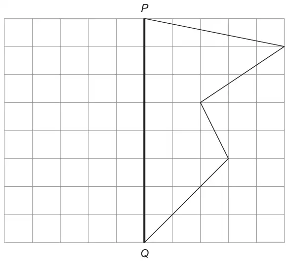 A 10 by 8 square grid with a vertical mirror line PQ down the middle; a shape with vertices on the grid is drawn to the right of PQ, with two of its vertices on PQ