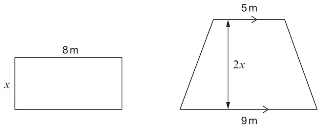 Rectangle with length 8 m and width x; trapezium with parallel sides 5 m and 9 m and height 2x