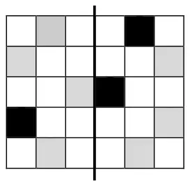 Answer grid: the seven given squares in grey and the three squares to shade in black (row 1 column 5, row 3 column 4, row 4 column 1)