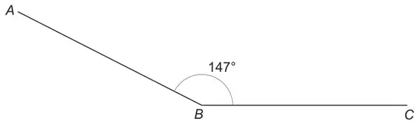 Sketch of angle ABC marked 147°, with BC horizontal and BA sloping up to the left