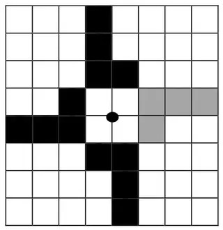 Answer grid: the given L-shape in grey and its three rotations about the centre in black