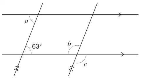 Two parallel horizontal lines crossed by two parallel slanting lines; angle 63° and angles a, b and c are marked