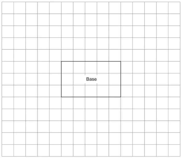 Centimetre-squared grid, 15 squares wide and 13 high, with a 5 by 3 rectangle labelled Base drawn in the middle