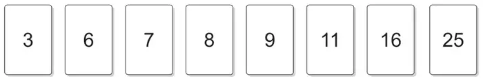 Eight cards numbered 3, 6, 7, 8, 9, 11, 16, 25