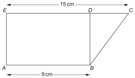 Rectangle ABDE with AB = 9 cm along the bottom; triangle BCD joined on the right, with EDC a straight line of length 15 cm along the top