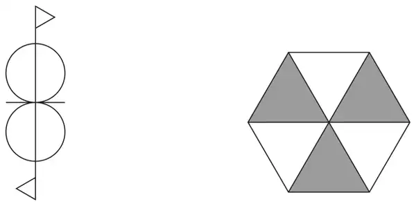 Left: a vertical line through two touching circles, with a horizontal line through the point where they touch and a small flag at each end of the vertical line pointing in opposite directions. Right: a regular hexagon split into six triangles, with alternate triangles shaded
