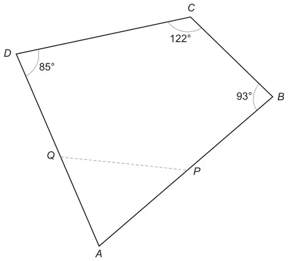 Quadrilateral ABCD with angle D = 85 degrees, angle C = 122 degrees and angle B = 93 degrees; Q on AD and P on AB joined by a dashed line