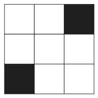A 3 by 3 grid with the top right and bottom left squares shaded