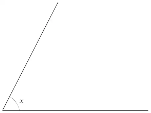 An acute angle x between a horizontal line and a line sloping up to the right