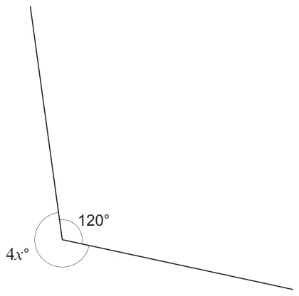 Two lines meeting at a point; the smaller angle between them is 120 degrees and the reflex angle around the point is 4x degrees