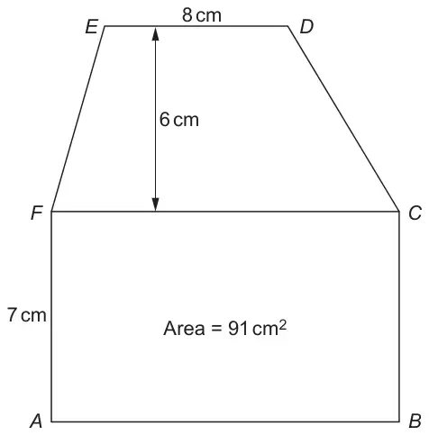 Rectangle ABCF with A bottom left, B bottom right, C top right, F top left; AF = 7 cm and Area = 91 cm squared. Trapezium CDEF sits on top of FC, with ED = 8 cm at the top and a perpendicular height of 6 cm