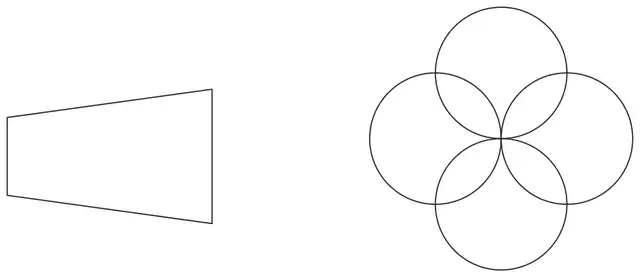 Left: an isosceles trapezium with its parallel sides vertical. Right: four equal overlapping circles arranged in a cross, meeting at a common centre point