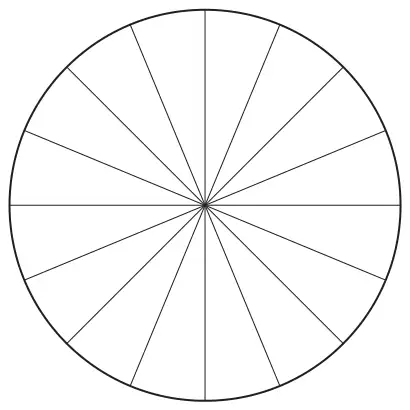 A circle divided into 16 equal sectors, none shaded