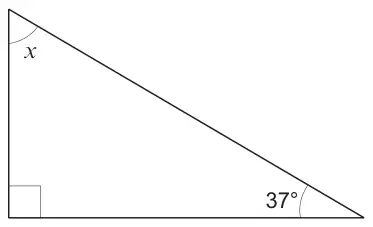Right-angled triangle with the right angle at the bottom left, 37 degrees at the bottom right and angle x at the top