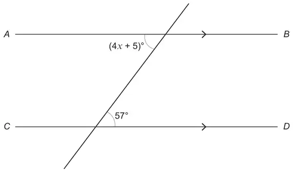 Parallel lines AB and CD cut by a transversal; the angle (4x + 5) degrees is at the crossing with AB and the angle 57 degrees is at the crossing with CD