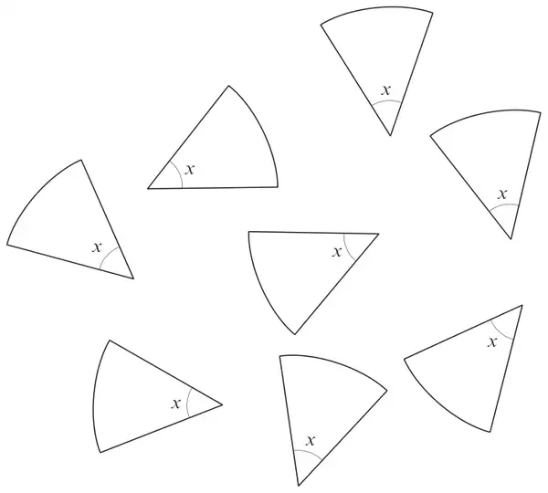 Eight identical sectors of a circle, scattered, each with its angle at the centre marked x