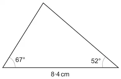 Triangle with base 8·4 cm and base angles 67 degrees on the left and 52 degrees on the right