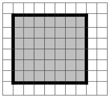 Grid with a shaded rectangle 7 squares wide and 6 squares high outlined in bold