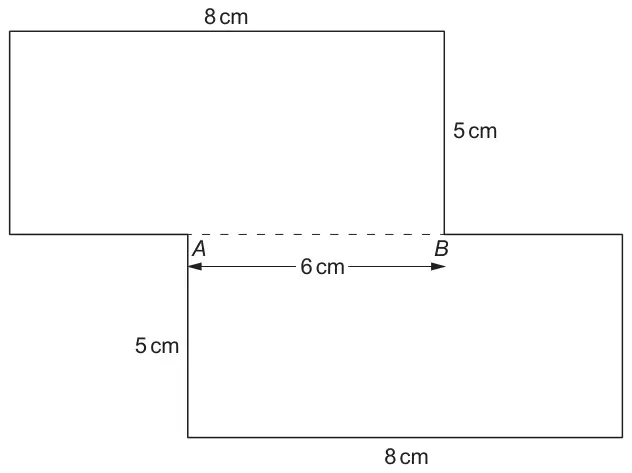Two 8 cm by 5 cm rectangles, one above and to the left of the other, overlapping along the dashed segment AB of length 6 cm