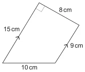 Trapezium with parallel sides 15 cm and 9 cm (marked with arrows), the 8 cm side perpendicular to the 15 cm side, and the fourth side 10 cm