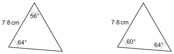 First triangle: angles 56° and 64° with the 7·8 cm side between them; second triangle: angles 60° and 64° with a 7·8 cm side adjacent to the 60° angle