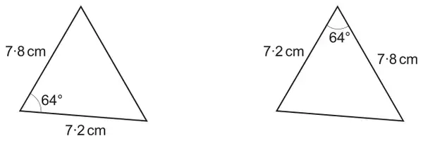 First triangle: sides 7·8 cm and 7·2 cm with the 64° angle between them; second triangle: sides 7·2 cm and 7·8 cm with the 64° angle between them