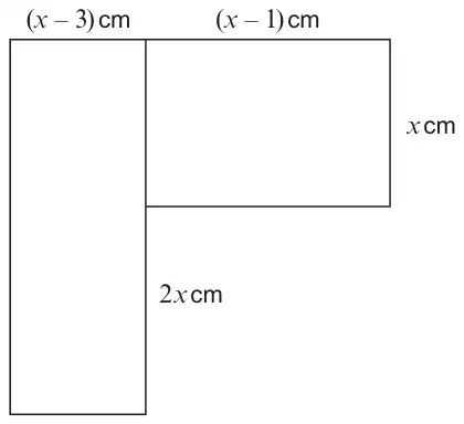 Two rectangles: a tall one of width (x − 3) cm and height made of x cm and 2x cm, and beside it at the top a rectangle (x − 1) cm wide and x cm high