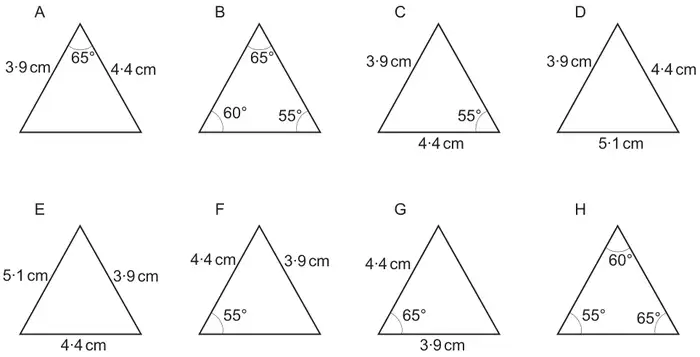Eight triangles A to H. A: 3.9 cm, 4.4 cm, included angle 65°. B: angles 65°, 60°, 55°. C: 3.9 cm, 4.4 cm base, 55°. D: 3.9 cm, 4.4 cm, 5.1 cm. E: 5.1 cm, 3.9 cm, 4.4 cm. F: 4.4 cm, 3.9 cm, 55°. G: 4.4 cm, 3.9 cm, included angle 65°. H: angles 60°, 55°, 65°