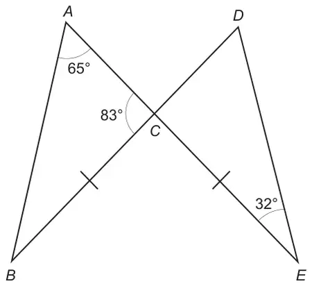 Lines AE and BD cross at C. Angle BAC = 65°, angle ACB = 83°, angle CED = 32°; BC and CE are marked equal