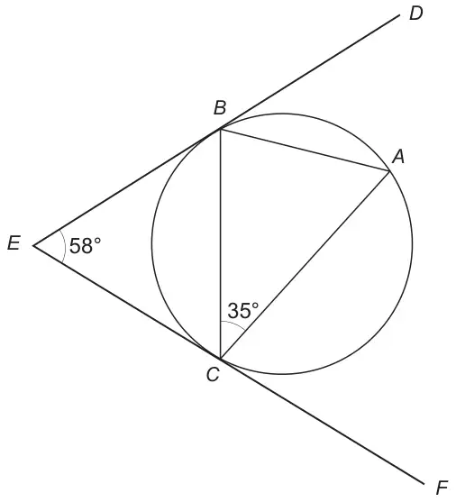 Circle through A, B and C; tangents EBD and ECF meet at E with angle BEC = 58°; chords BC, BA and CA drawn, angle BCA = 35°