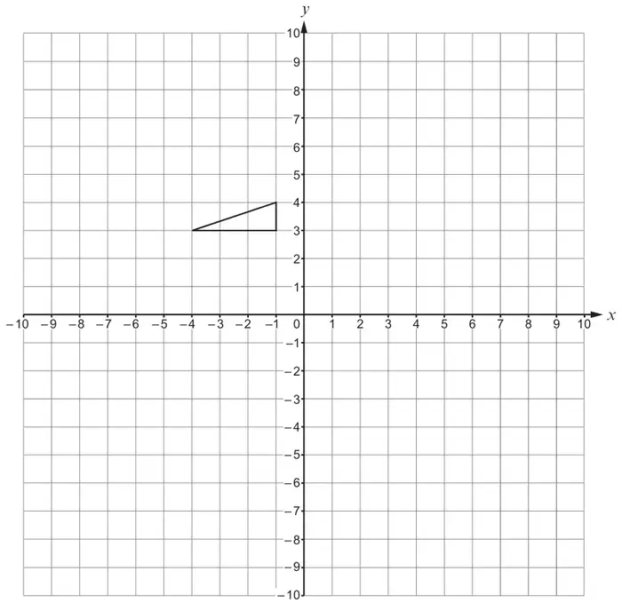 Coordinate grid, x and y from -10 to 10, with a triangle with vertices (-4, 3), (-1, 3) and (-1, 4)
