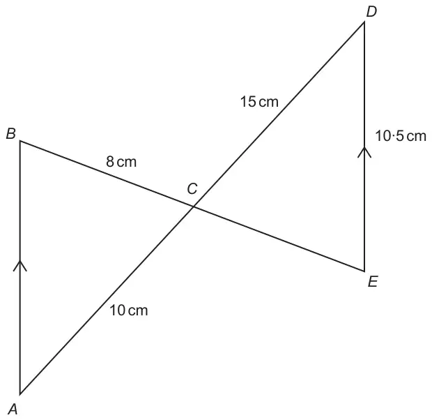 Two triangles ABC and DEC meeting at C, with AB parallel to ED; BC = 8 cm, AC = 10 cm, DC = 15 cm, DE = 10.5 cm