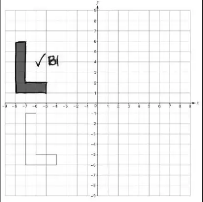 Grid showing the L-shape translated up 7 and left 1, shaded, marked with a tick and B1
