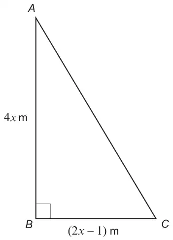 Right-angled triangle ABC with the right angle at B, AB = 4x m vertical and BC = (2x - 1) m horizontal